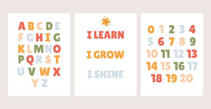 Alphabet Numbers and Learning Quote Set of 3 Kids Posters Printable Nursery Wall Art Educational ABC 123 Kids Room Decor