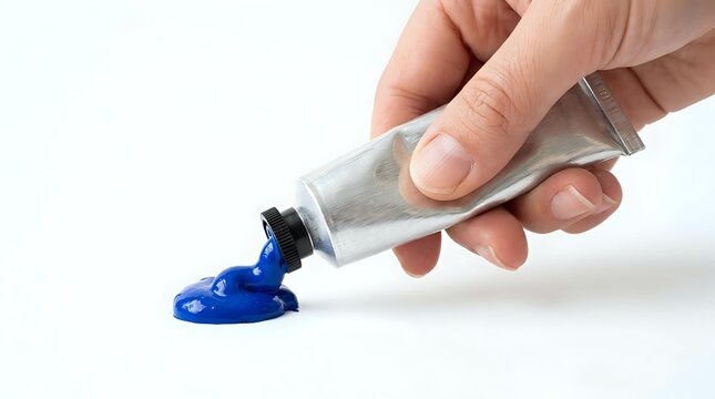 Hand squeezing blue paint from metal tube onto white surface for art projects, crafts, and creative design work. Isolated background ready for design use.