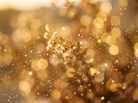 Golden blurred background with sparkling glitter and a sprig of frosted leaves in the center