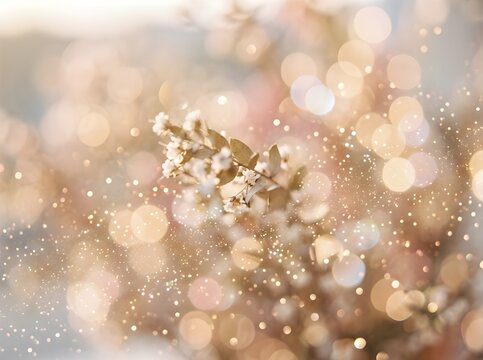 A delicate branch with small white flowers and golden leaves on a softly blurred background with warm bokeh lights
