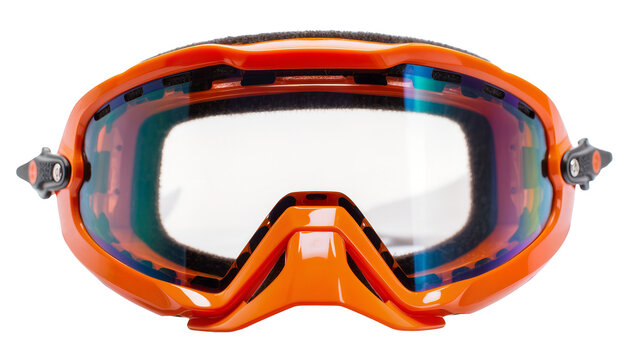 Orange motocross goggles with tinted lens and black strap, isolated on transparent background