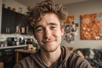 Obraz premium Smiling young man in cozy home interior