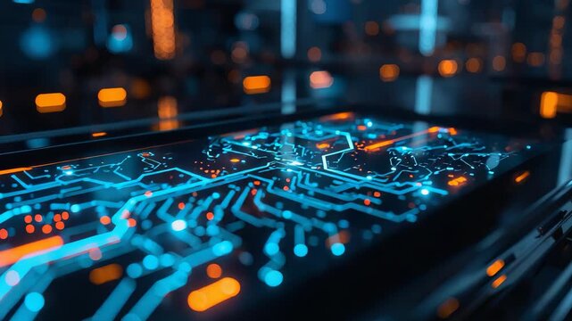 Close up view of glowing blue orange circuit board with intricate pathways connections and electronic components in dark setting