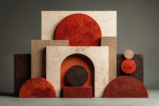 Abstract geometric sculpture with earthy tones and textured surfaces