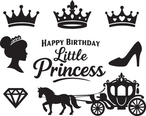 Naklejka premium Happy Birthday Little Princess Silhouette Collection with Royal Crowns, Elegant Carriage, Diamond, High Heel Shoe, and Princess Profile Vector Illustrations for Invitations and Parties
