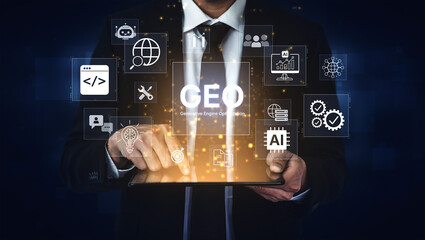Naklejka premium Digital marketing concept featuring GEO strategy, optimizing content for AI search engines and large language models. Evolution of SEO, brand authority, and AI citation visibility. Corpus