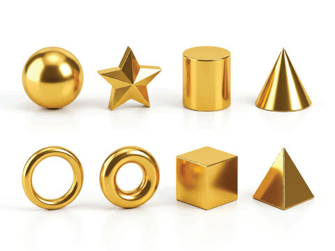 Golden geometric shapes on white background  sphere star cylinder cone torus cube pyramid
