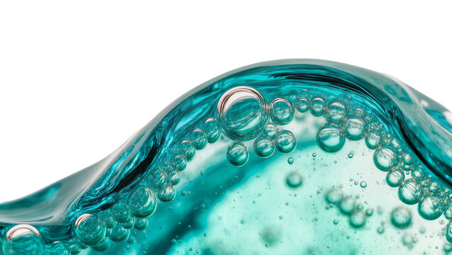 Turquoise liquid wave with many small bubbles, isolated on transparent background