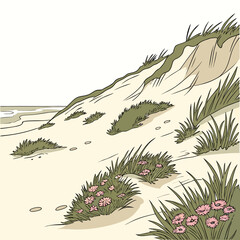 Coastal dunes landscape with sparse vegetation and ocean view clean vector illustration on beige background high quality © ni