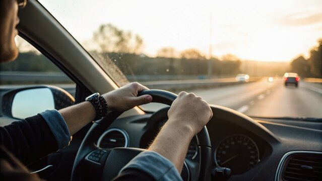 A person driving a car on a highway at sunset, with hands on the steering wheel and a clear road ahead.