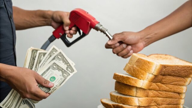 A person holds cash while another holds a fuel pump nozzle aimed at a stack of sliced bread, symbolizing the rising cost of food and fuel.