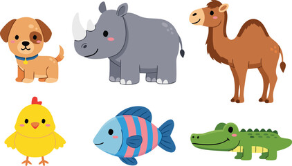 Fototapeta premium Cute Animal Cartoon Vector Set with Dog, Rhino, Camel, Chick, Fish, and Crocodile Characters for Kids Illustration