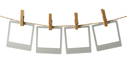 Four empty instant photo frames hanging on a clothesline with wooden pegs, isolated on transparent background © Laura