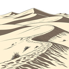 Desert landscape illustration with rolling sand dunes and sparse vegetation on a white background high quality professional © ni