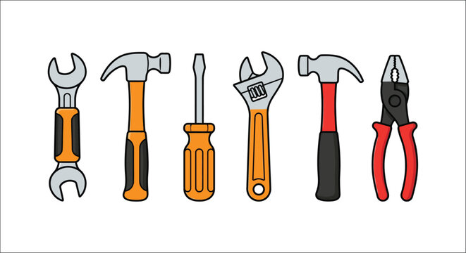 Hand tools collection colorful vector illustration on white background