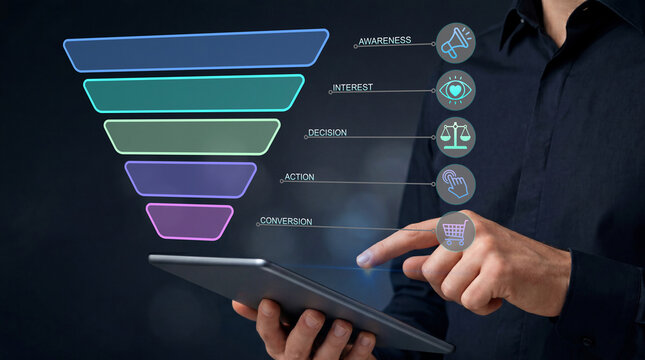 Sales funnel and conversion optimization concept. Analysis of awareness, interest, decision, action, conversion rate. Businessman using tablet for analyzing sales funnel performance
