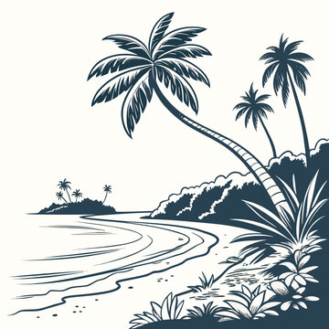 Tropical island shoreline with palm trees and lush vegetation vintage style line art illustration high quality professional