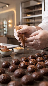 Professional pastry chef in white gloves decorating dark chocolate truffles with thin melted glaze. Close-up of hands working in a modern confectionery kitchen on a marble table