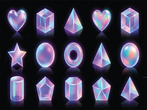 Holographic 3D geometric shapes with iridescent reflections and glow effects on dark background  various shiny objects including hearts stars spheres cylinders and cubes