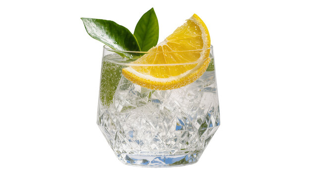 Clear glass tumbler with ice orange slice and green leaves, isolated on transparent background