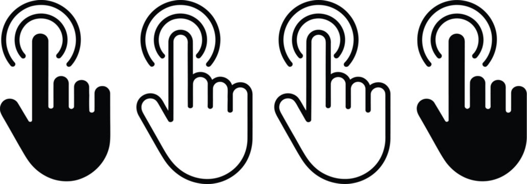 Doorbell icons, illustration, simple black line vector showing hand pressing doorbell for notification delivery and entry access concept isolated on white background.