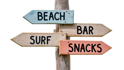 Wooden directional signs for beach surf bar and snacks, isolated on transparent background © Laura