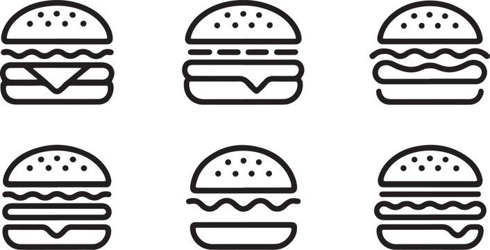 Black Burger Hamburger Icons Vector Line Art Fast Food Burger and Cheeseburger Line Icon Set Fast Food Vector Illustrations for Restaurant Menu vector design on transparent background.