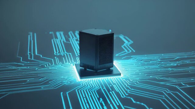 Black cube glowing on illuminated blue circuit board with digital lines and connections in futuristic technology setting