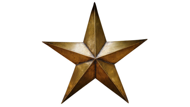 Five-pointed metallic star ornament, isolated on transparent background