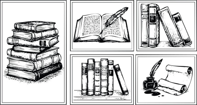 Vintage books and writing utensils on white background illustration