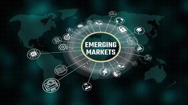 emerging marketing 3d illustration. Business, Technology, Internet and network concept. virtual screen of the future and sees the inscription. 4k video animation and world map