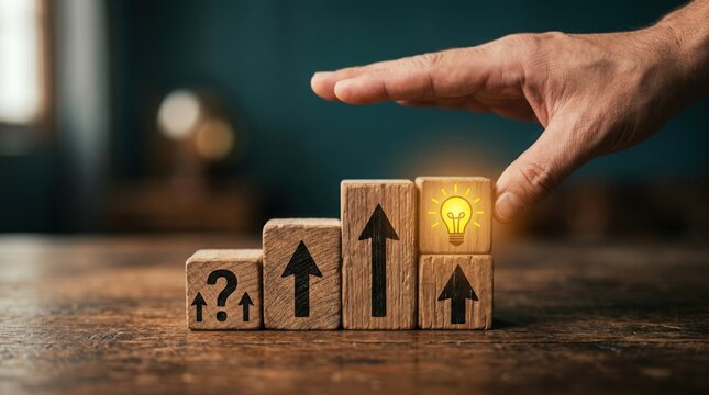 The journey of a great idea, symbolized by a hand reaching out to the final step of success. Blocks feature arrows and a lightbulb