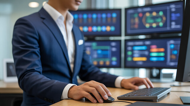 Businessman using digital leasing platform for car and property rental contract, online finance management, financial agreement, asset leasing, and modern investment service concept