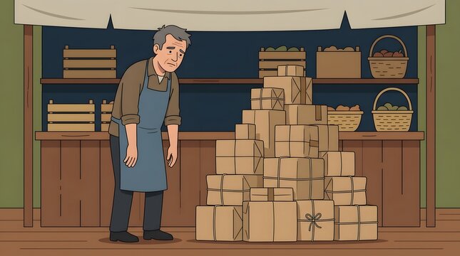 Overwhelmed Vendor: A weary vendor stands amidst a towering stack of packages in a bustling marketplace, a tableau of overwhelming volume, conveying the weight of industry.