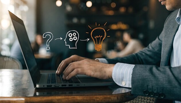 Businessman using laptop with icon from questioning to understanding and finally achieving an idea. It symbolizes the process of thought and innovation