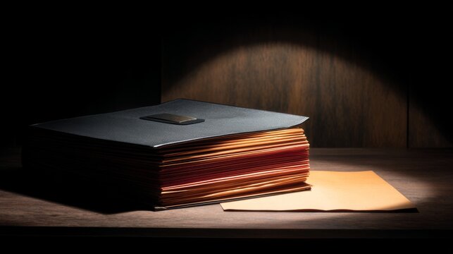 Dramatic Office Desk Scene Featuring File Folders and Lighting Effects for Professional Settings