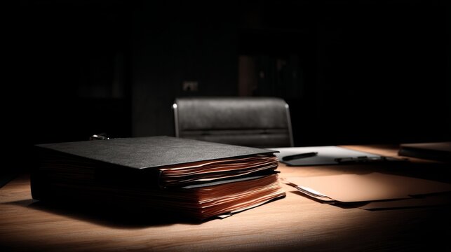Dramatic Office Setting with Files, Folders and Documents Illuminated on a Desk Surface in a Dark Environment