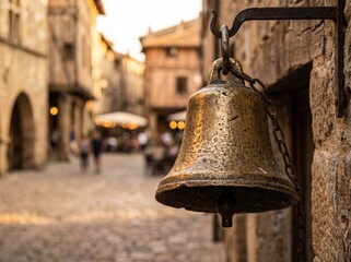 Obraz premium Old Metal Bell Hanging on a Stone Wall in Historic Town Scene