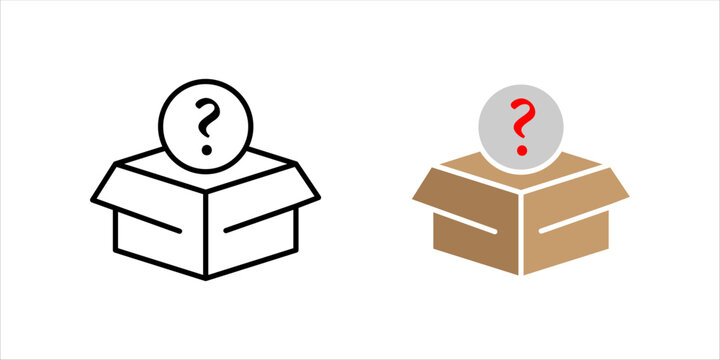 Minimal outline icon set. of an open box with question mark symbol representing mystery package, surprise gift, unknown product, unboxing, and curiosity concepts.