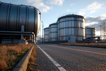 Obraz premium Fuel storage tanks beside airport service road with small aircraft in distance