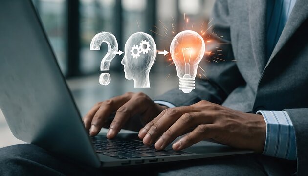 Businessman using laptop with icon from questioning to understanding and finally achieving an idea. It symbolizes the process of thought and innovation