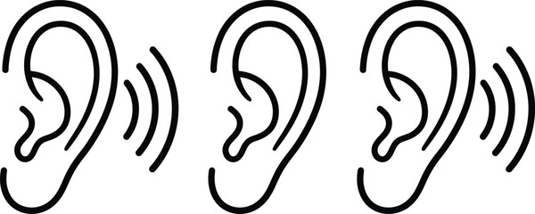 Three black and white line art illustrations of human ears with sound waves emanating outward © MstSajeda