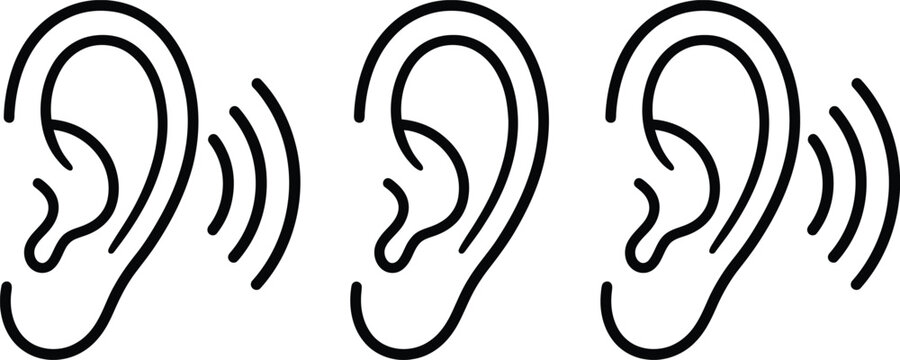 Three black and white line art illustrations of human ears with sound waves emanating outward