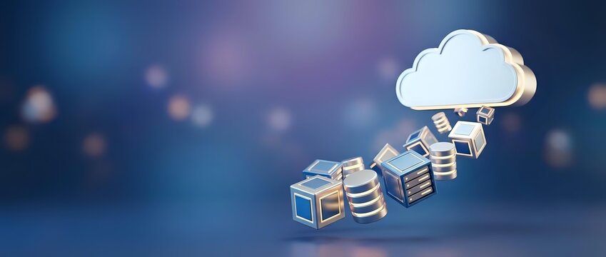 Cloud computing concept with server, database, and storage icons connected to a cloud on a dark blue bokeh background.