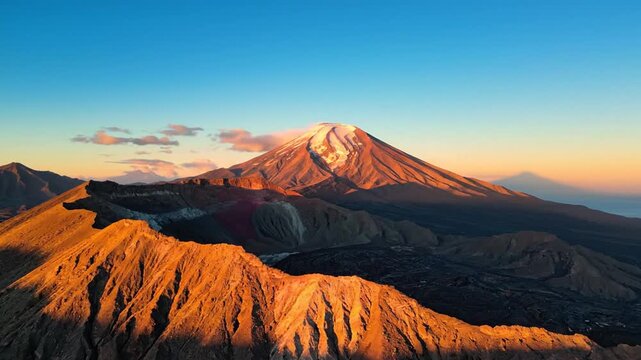 Majestic Mount Fuji Volcanic Peak At Sunrise With Golden Light On Snow Capped Slopes And Clear Blue
