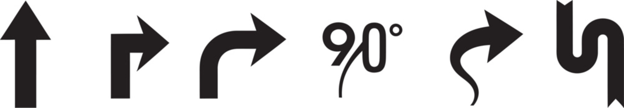 Set of black arrow icons showing different directions and turns including straight sharp curve and wavy navigation symbols for UI and graphic design projects
