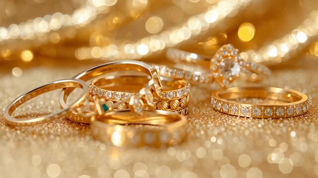 Pile of Gold Diamond Rings and Jewelry Sparkling on Glitter Surface with Warm Golden Bokeh Lights in Background