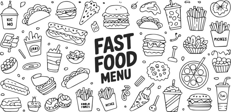 fast food restaurant menu doodle hand drawn burger fries pizza taco pop