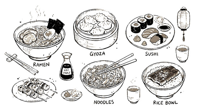 Hand Drawn Asian Food Doodle Collection with Sushi Ramen Noodles Dumplings and Traditional Cuisine Sketch Vector Illustration Set
