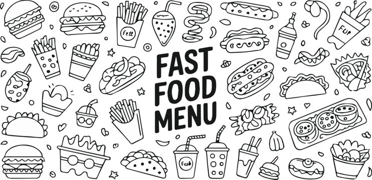 fastfood menu doodle icons hand drawn burger fries pizza taco soda cup